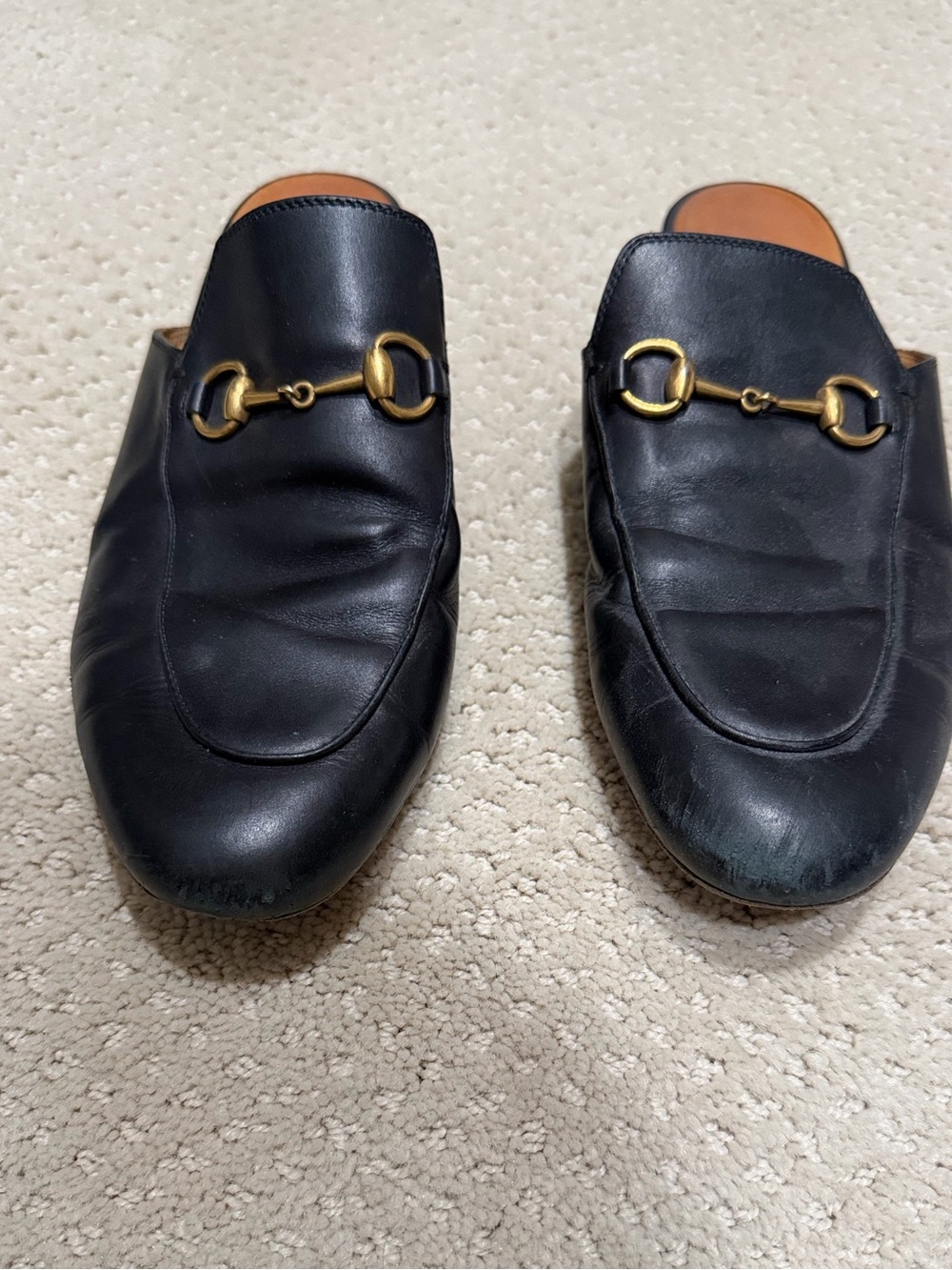 Women’s Gucci Princetown Black Leather Horsebit Mules Loafers Size 39”